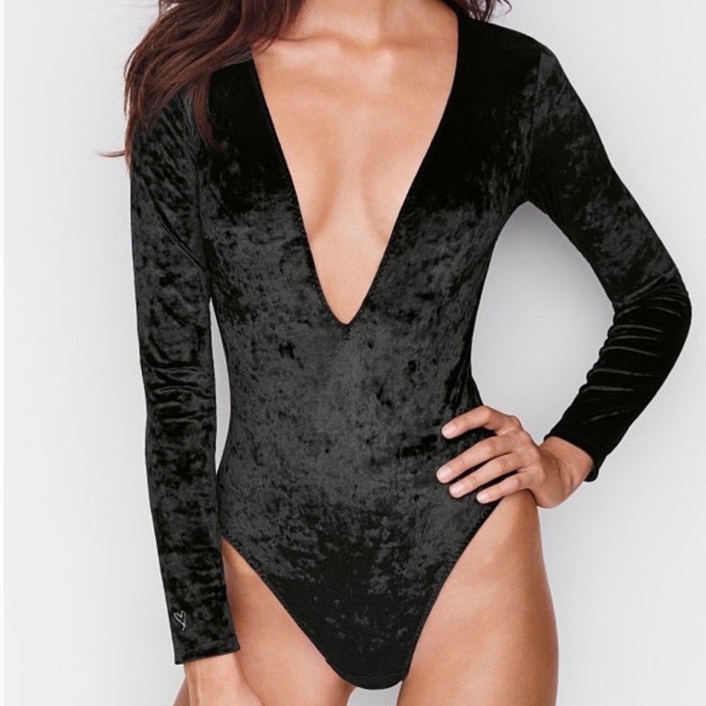 Victorias Secret Black Velvet Bodysuit Long Sleeve
